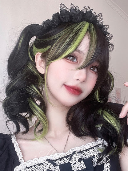Black And Green Highlights 60CM Long Wavy Wig With Bangs