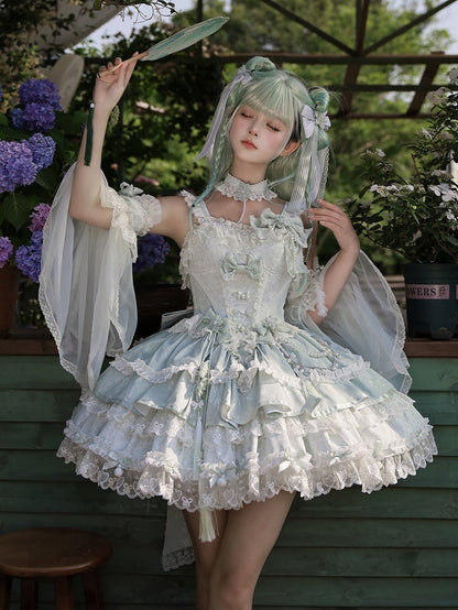Green Bow Accents Chains and Flower Bead Qi Waist Lolita Corset Dress