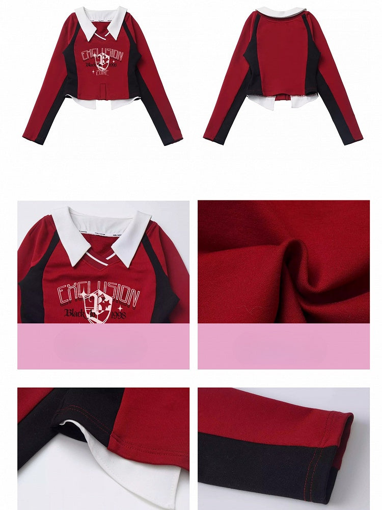 Red Fake Two-piece Design V-neck Cropped Sweatshirt