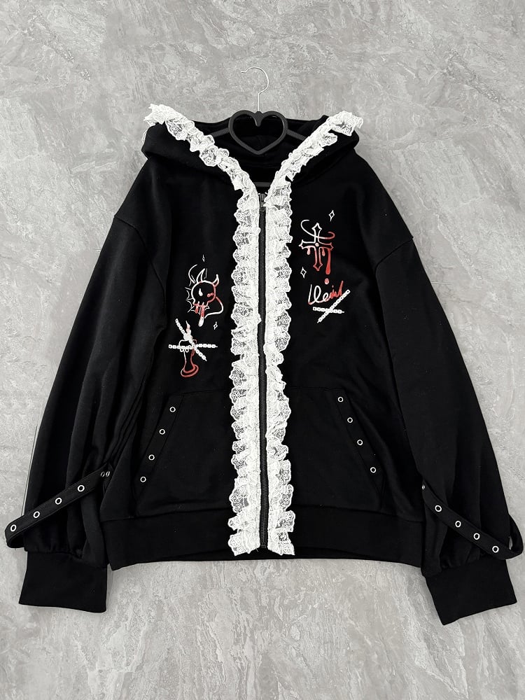 Y2K Black Cat Ears Design Hood Lace Trim Zip Hoodie