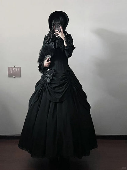 Black Boned High Waist Witch Victorian Goth Lolita Drawstring Skirt