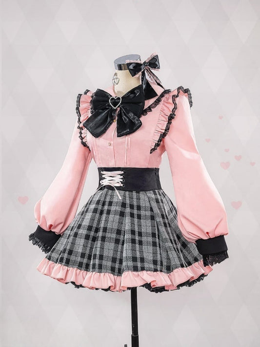 OSHI NO KO Hoshino Ai Jirai Kei chemise rose et jupe grise Costume de Cosplay de style Lolita