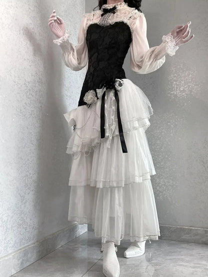 Classic JSK Elegant Layered Full Tulle Slim Bodice Jacquard Hem White Lolita Black Fit Floral Set