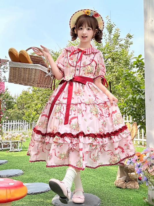 Dress Teddy Lolita and Sleeves Strawberry Short Pink Print