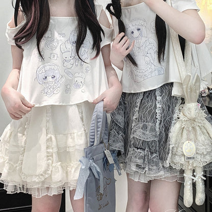 Jirai Kei T-Shirt Yami Kawaii Cartoon Print Ausschnitt Schulter Weiß
