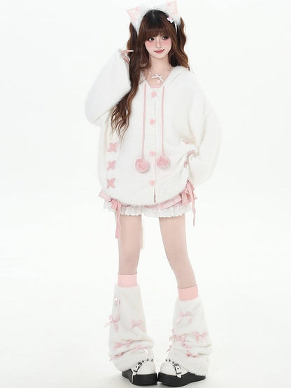 White Bunny Ears Design V-neck Hooded Loose Cardigan Lace-up Detail