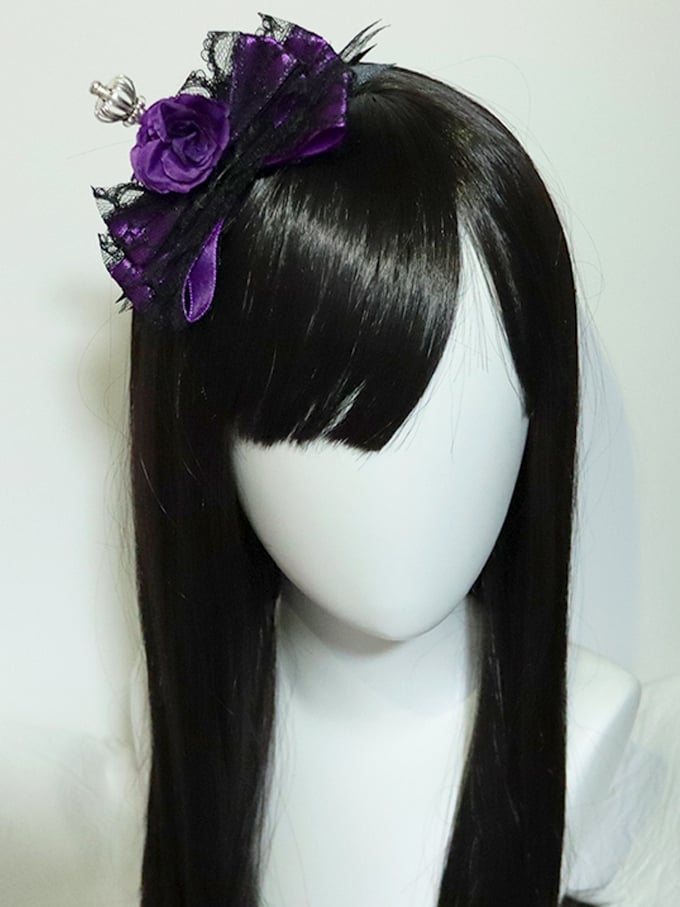 Crown Decorated Trim Design Hairclip Floral Lace Bowknot Purple/Red