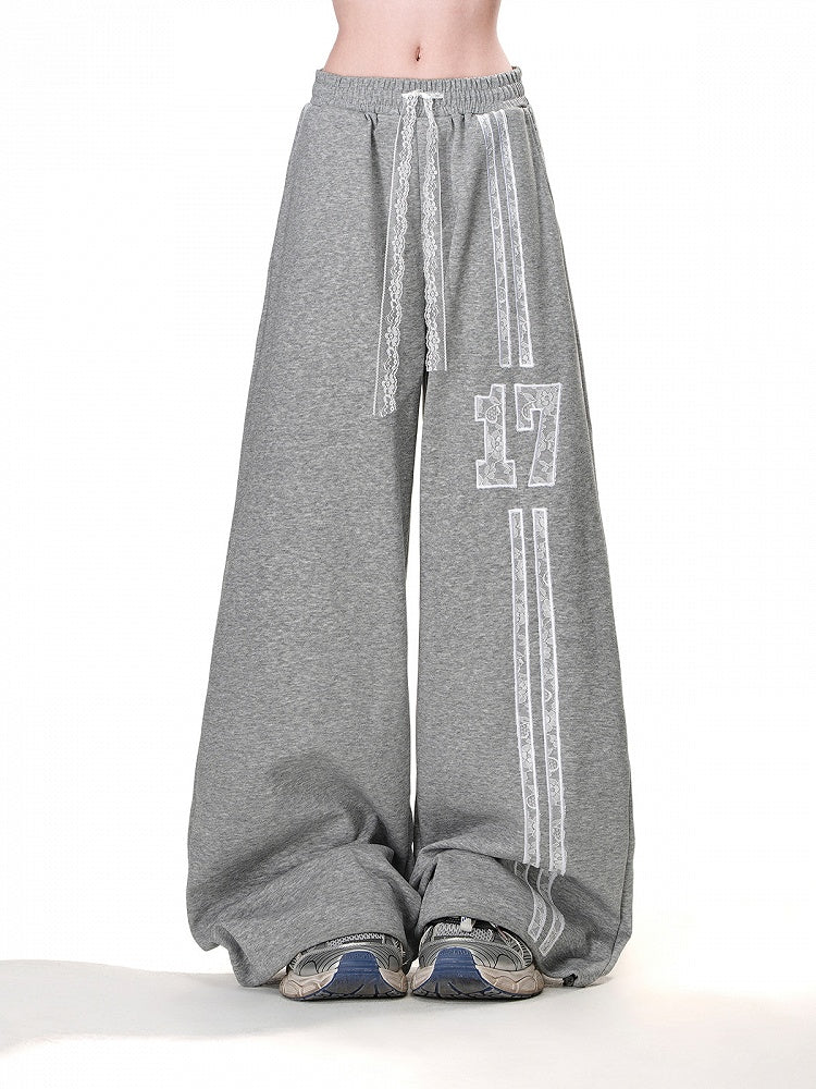 Gray Elastic Waist Lace Wide-Leg Drawstring Sports Pants Waist
