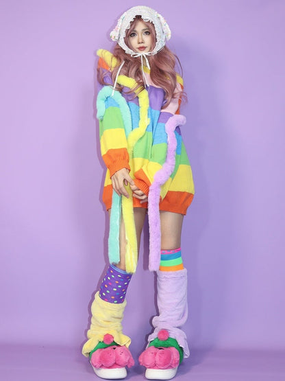 Y2K Striped Pattern Knitted Sweater Colorful Rainbow
