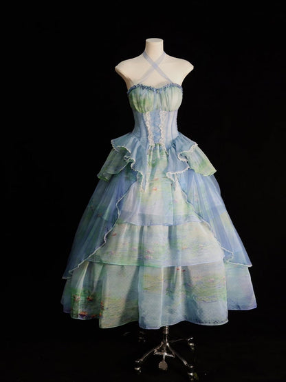 Tiered Flounce Hem Halter Boned Corset Top Print Sky Painting Fairy Oil Blue