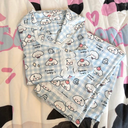 White & Blue Plaid Puppy Pajama Set