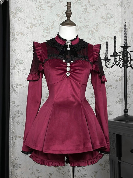 Wine Red Jirai Kei Set Contrast Lace Patches Velvet Landmine Style Dress + Bow Tie + Ruffle Cuffs Shorts