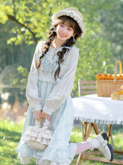 Robe Mori Kei brodée de papillons à carreaux bleus et blancs, style Alice au pays des merveilles