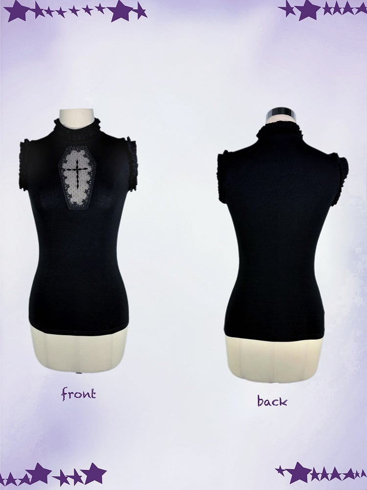 Black Mock Neck Coffin-Shaped Cutout Gothic Sleeveless Top