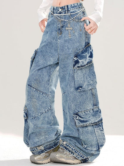 Blue Cargo Pockets Design Wide-leg Cut Jeans