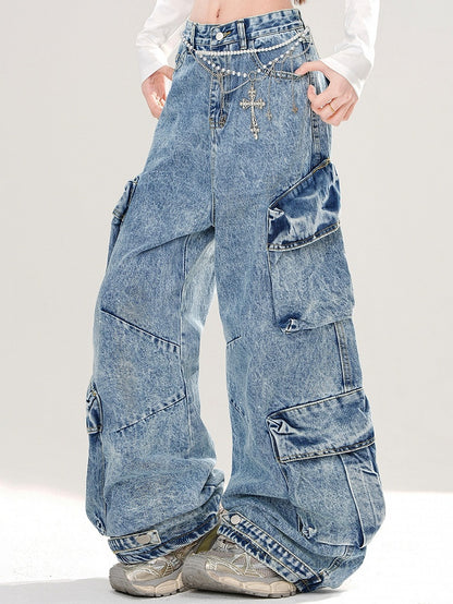 Wide-leg Pockets Cut Blue Cargo Design Jeans