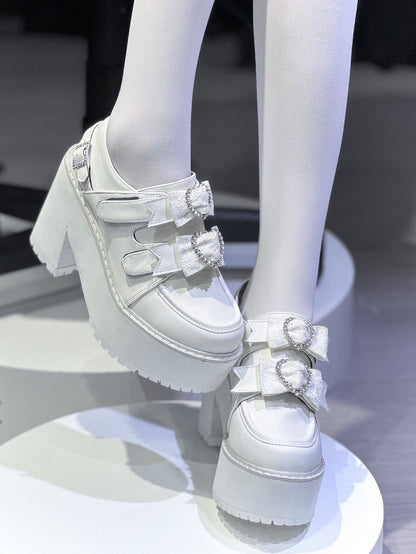 Matte White Jirai Kei Rhinestone Heart Bowknots Velcro Strap Closures  Landmine Style Platform Shoes