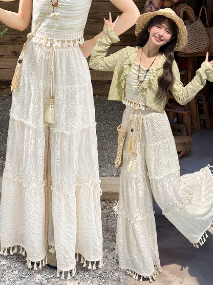 Waist Version White Drawstring Regular/Short Wide-Leg Pants with Tassel Cuffs Hollow-out
