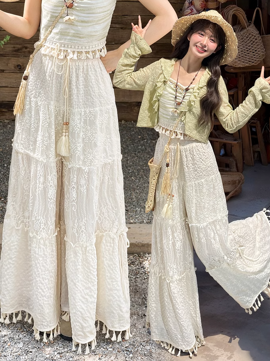 Waist Version White Drawstring Regular/Short Wide-Leg Pants with Tassel Cuffs Hollow-out