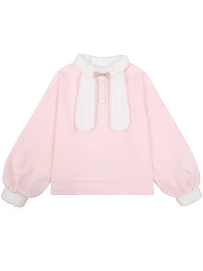 Pink Cute Bunny Ears Plush Collar Sweatshirt