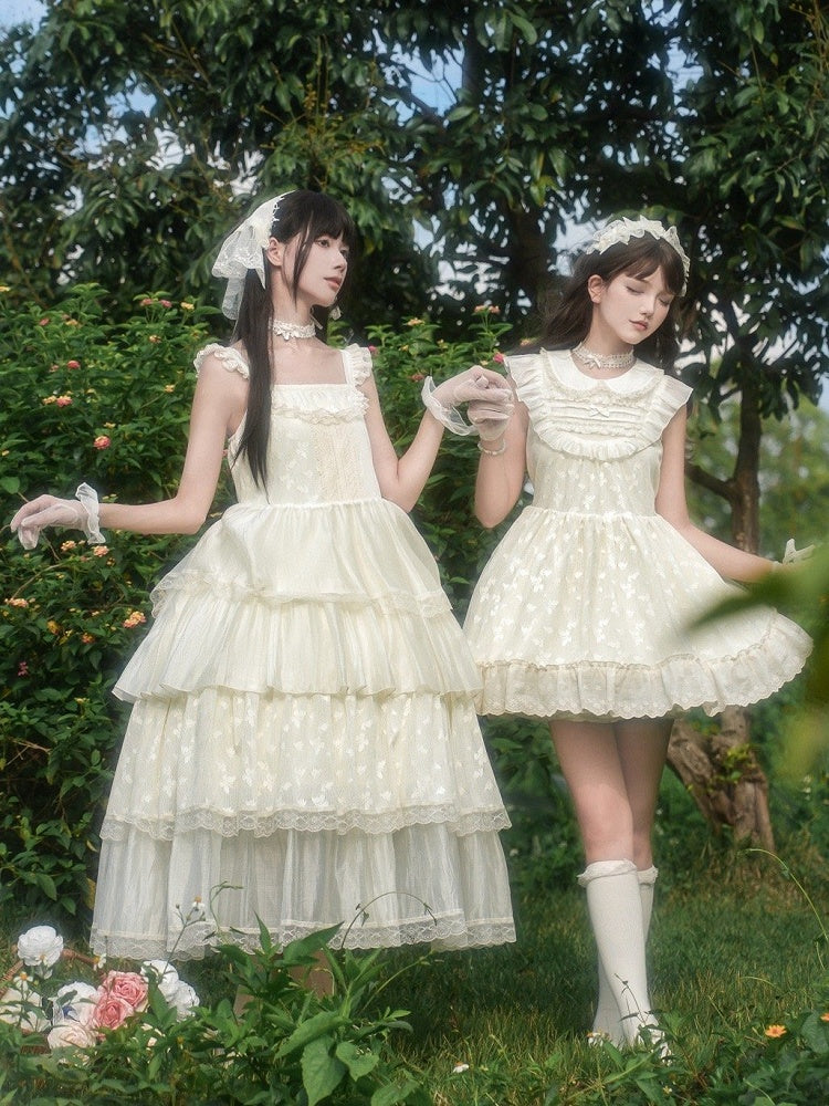 Butterfly Lolita Peter OP Lace Creamy Set Full Patched Pan Dress Collar