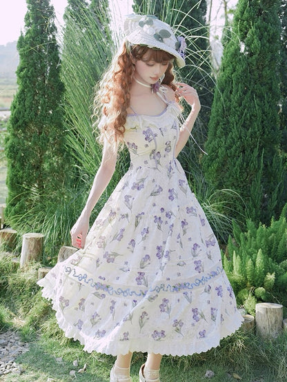 Neckline Jumper Skirt Beige Off-the-shoulder Purple Iris Embroidery