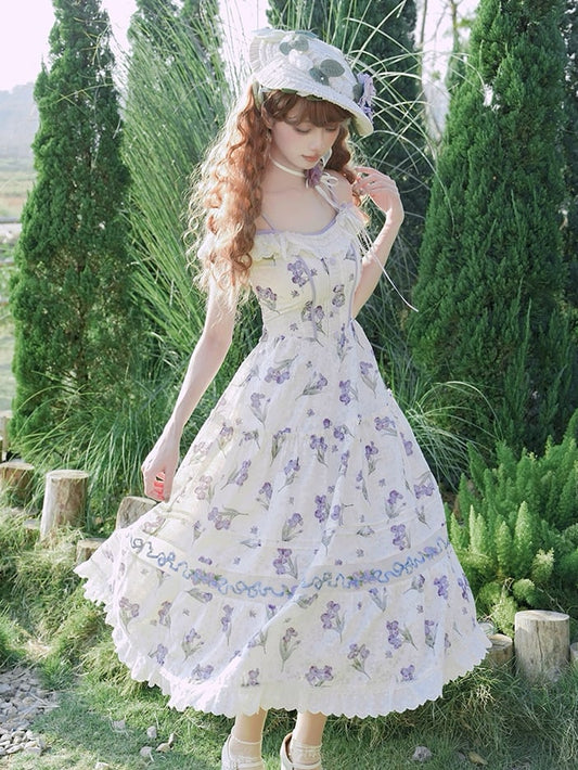 Neckline Jumper Skirt Beige Off-the-shoulder Purple Iris Embroidery
