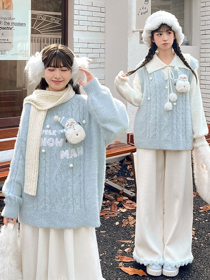 Cute Snowman Adorned Blue V-neck Mohair Vest