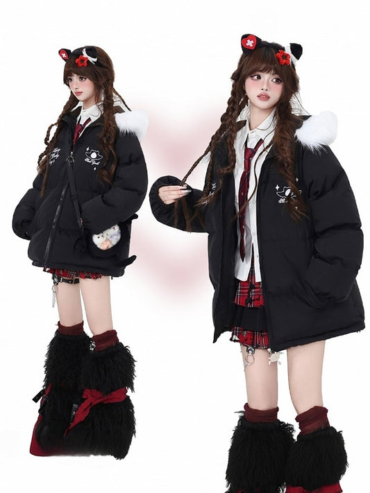 Black Faux Fur Trim Puffer Jacket with Free Crossbody Ita Bag