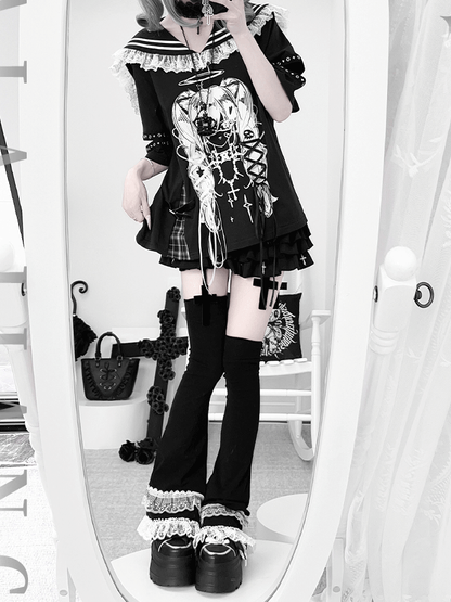 Black Sailor Collar Lace-up Details Anime Girl Print Bittersweet T-shirt