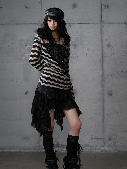 with Hem PU Asymmetrical Flair Skirt Black Studded Punk Edgy Lace Patchwork