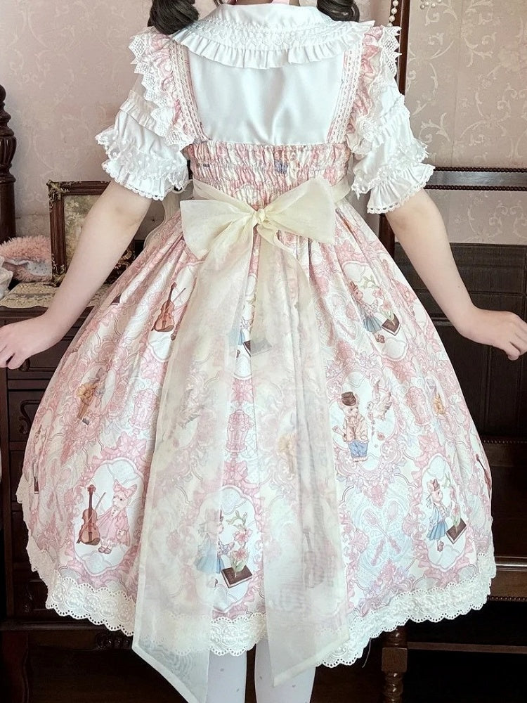 Light High Violin Lolita Bunny and Yellow Waist Print Dress Sweet JSK