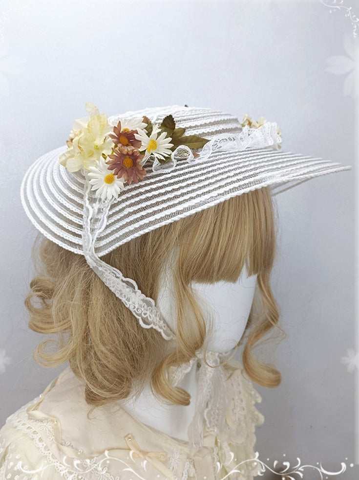 Floral Design Lace Trim White Vintage Hat