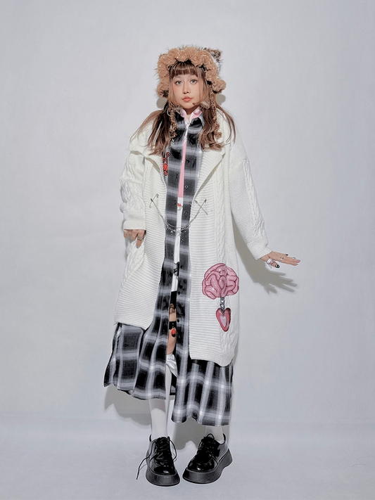 Black&Gray Plaid Pattern Kitty and Panda Pin Chain Shirt+White Brain Knitted Long Cardigan