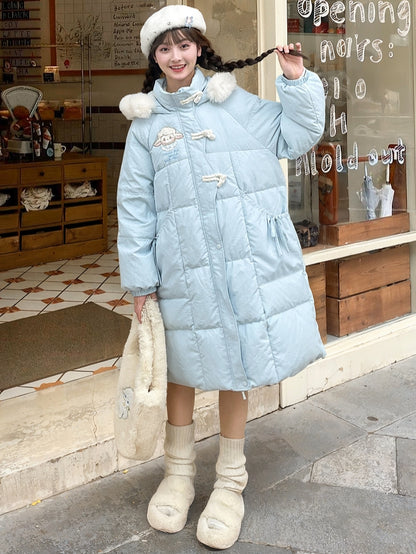 Blue Cute Lamb Applique Bowknot Details Hooded Down Coat Long Version