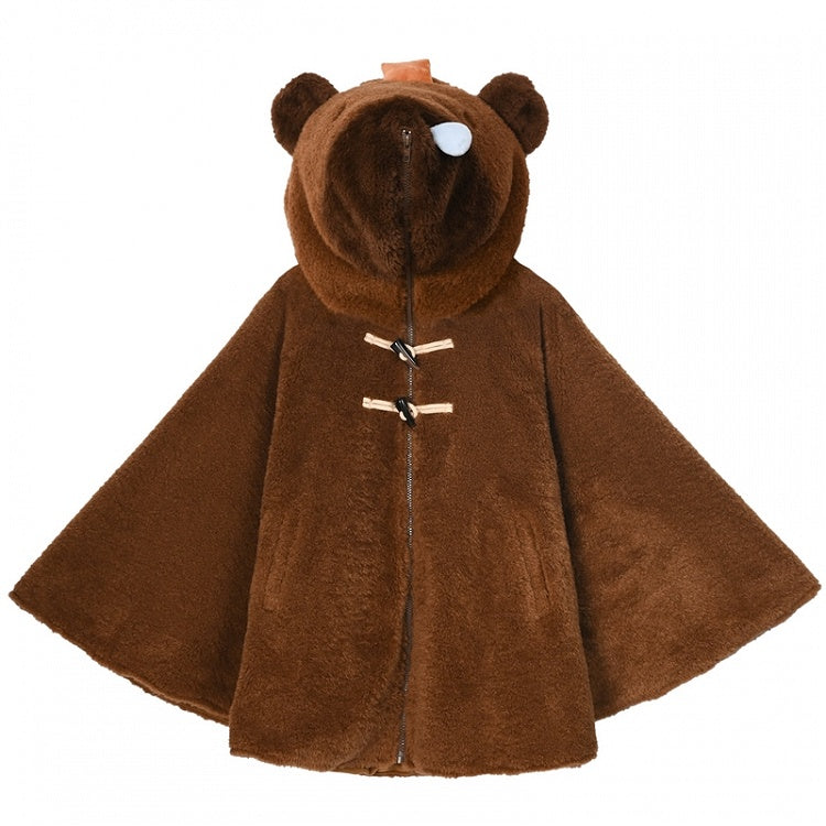 Brown Cute Capybara Hood Zip Closure Fleece Hooded Cape