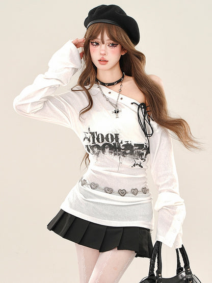 White Asymmetrical Neckline Semi-sheer Top with Lace-up Detail