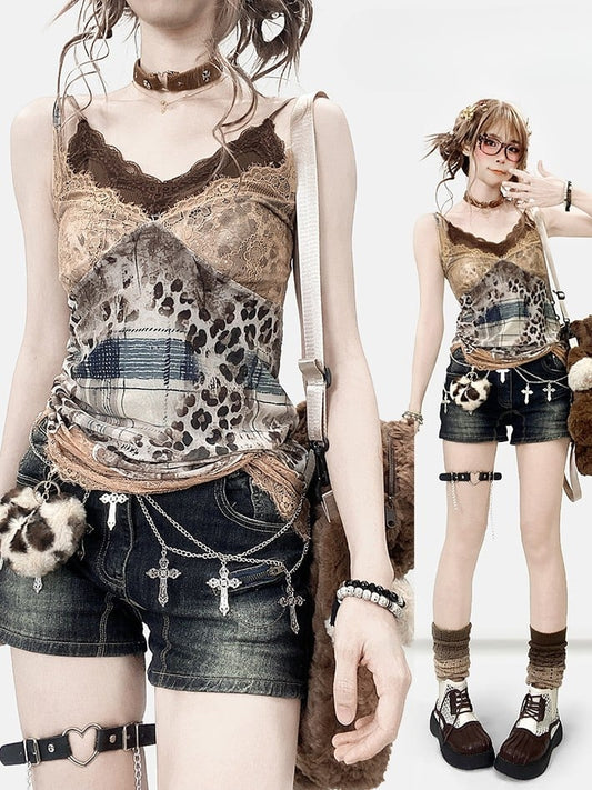 Trim Leopard Pattern Cami Top Y2K V-neck Patches + Contrast Brown Lace