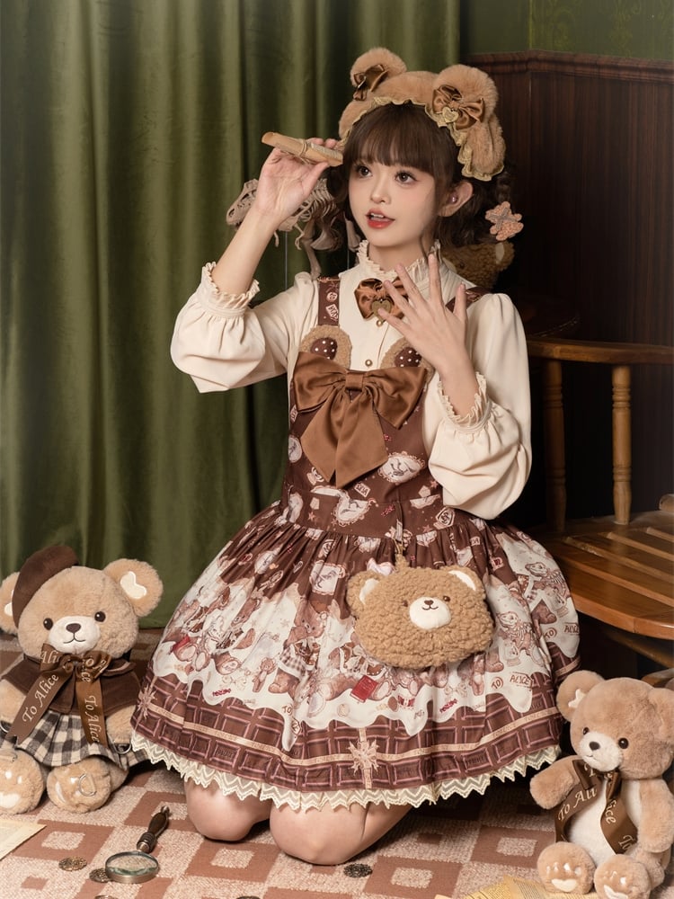 Coffee Chocolate Teddy Bear Lace Trim Big Bow Sweet Lolita Dress Jumper Skirt