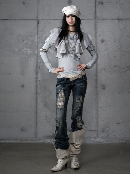 Jeans Light Studs Punk Patches Wash Blue Distressed with Plaid