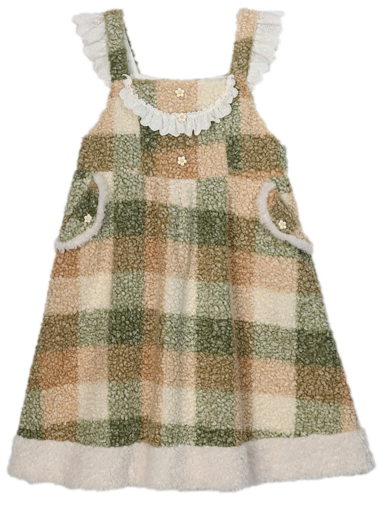 Robe salopette en polaire à carreaux avec détails floraux verts et bordure en dentelle et poches