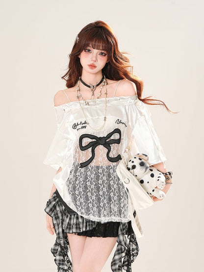 Black/White Big Off-the-shoulder T-shirt Lace Bow Patches Print Waist