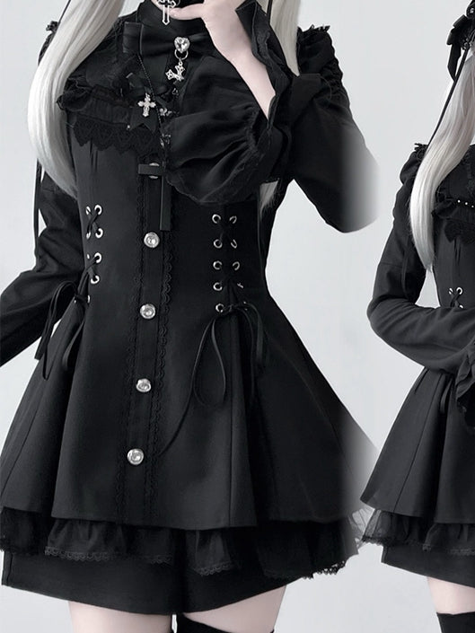 Matching Set: Sleeve Waist Shorts Bell Detachable Coord Tie Bow Lace-Up with Bib Jirai Kei Dress Black