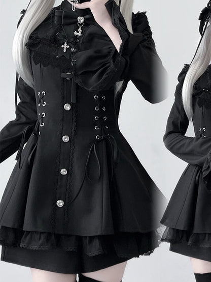 Matching Set: Sleeve Waist Shorts Bell Detachable Coord Tie Bow Lace-Up with Bib Jirai Kei Dress Black