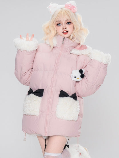 Pink/Black Kitty Adorned Hooded Puffer Jacket Plush Cuffs