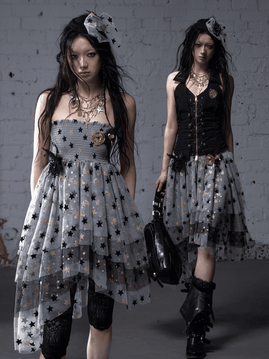 Dress Balletcore Tiered Mesh Skirt Strapless Gray Ash