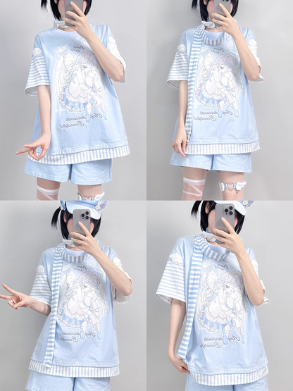 Blue Anime Girl Print Wing Appliques T-Shirt with Striped Scarf