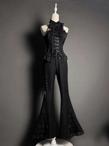 Tiered Patches Pants Lace Flared Cuffs Black
