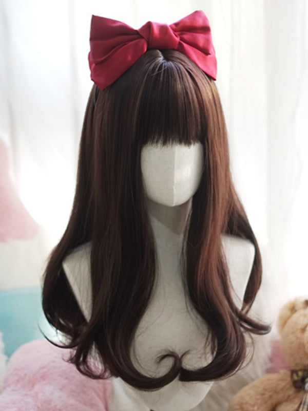 Dark Brown Long Wavy Wig With Full Bangs