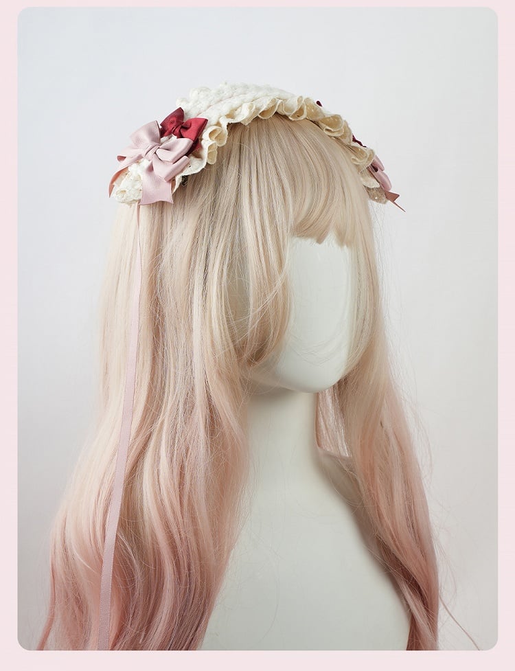 Serre-tête à volants et bordure en dentelle rose Sweet Lolita